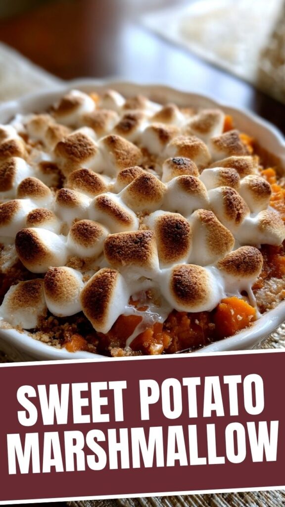 A freshly baked sweet potato casserole with a golden-brown toasted marshmallow topping.