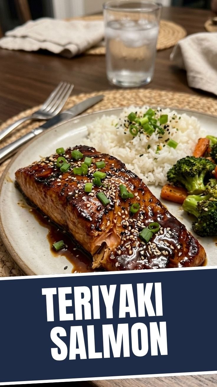 Glazed teriyaki salmon with sesame seeds and rice