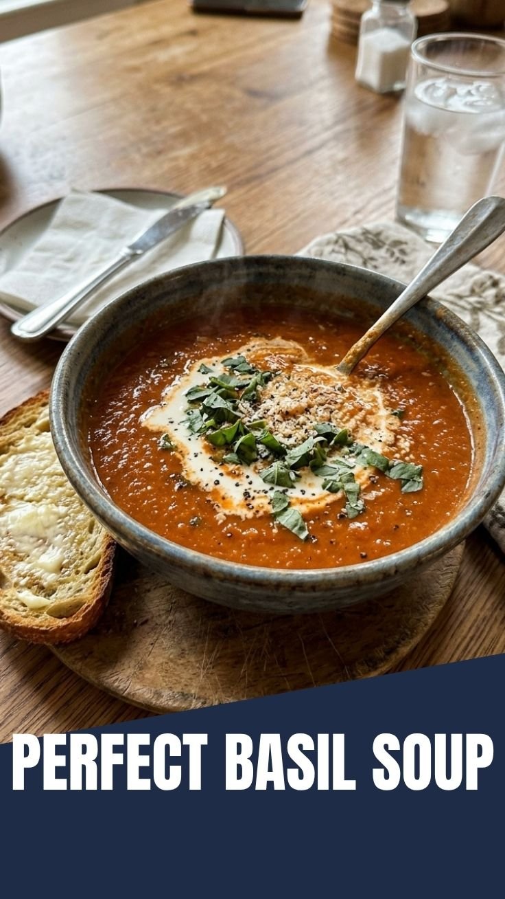 steaming bowl of tomato basil soup with fresh basil garnish