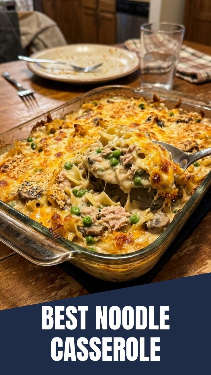 Golden brown tuna noodle casserole in a baking dish