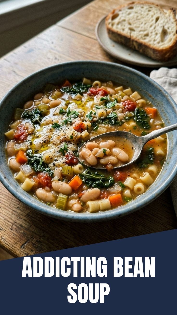 A rustic bowl of Tuscan white bean soup with fresh herbs and olive oil.