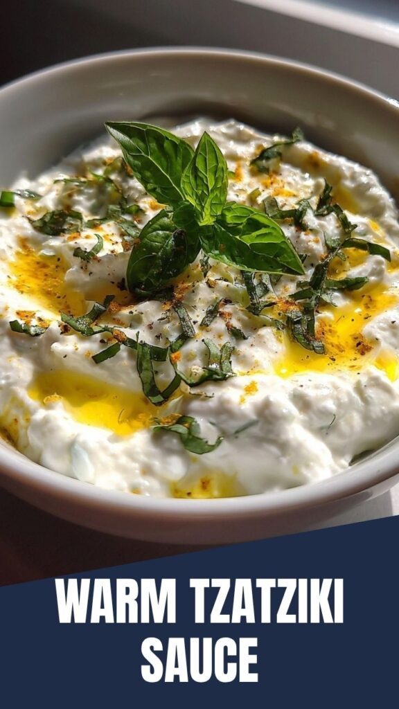 A bowl of fresh, creamy tzatziki sauce with cucumber and dill garnishes.