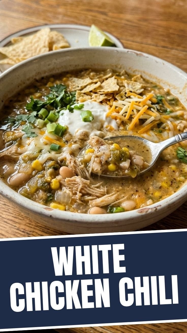 White chicken chili garnished with fresh cilantro