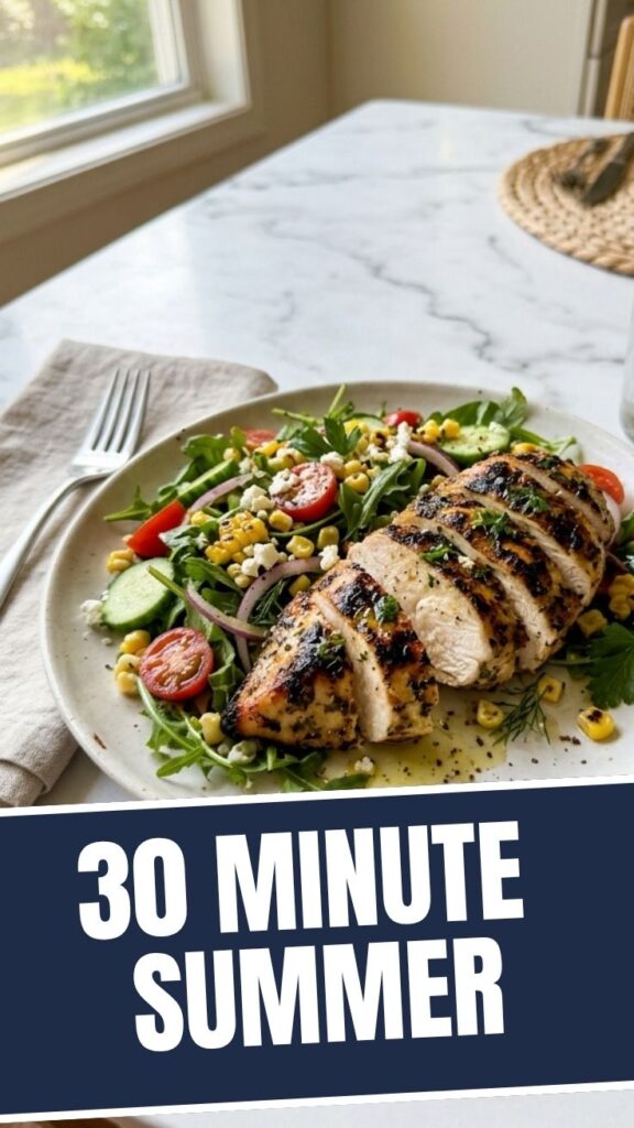A colorful, refreshing 30 minute summer weight loss dinner with grilled chicken and vegetables