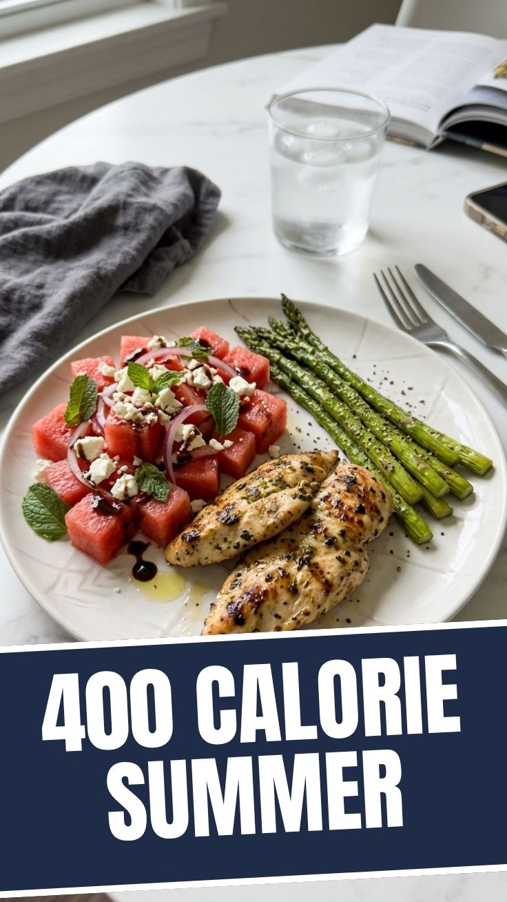 A vibrant plate of a 400 calorie summer dinner combining fresh vegetables and lean protein.