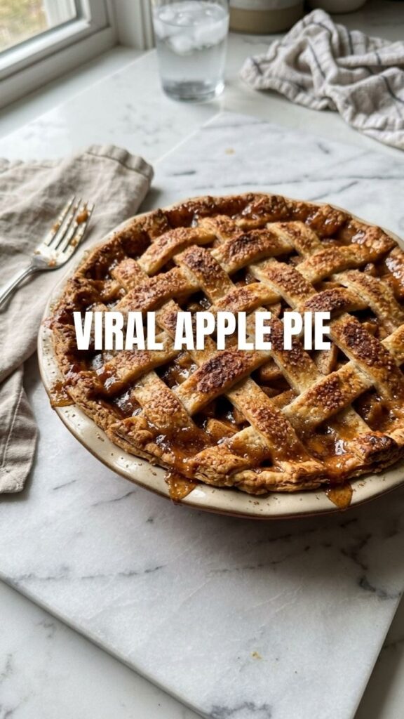 A freshly baked, golden-crusted apple pie cooling on a wire rack.