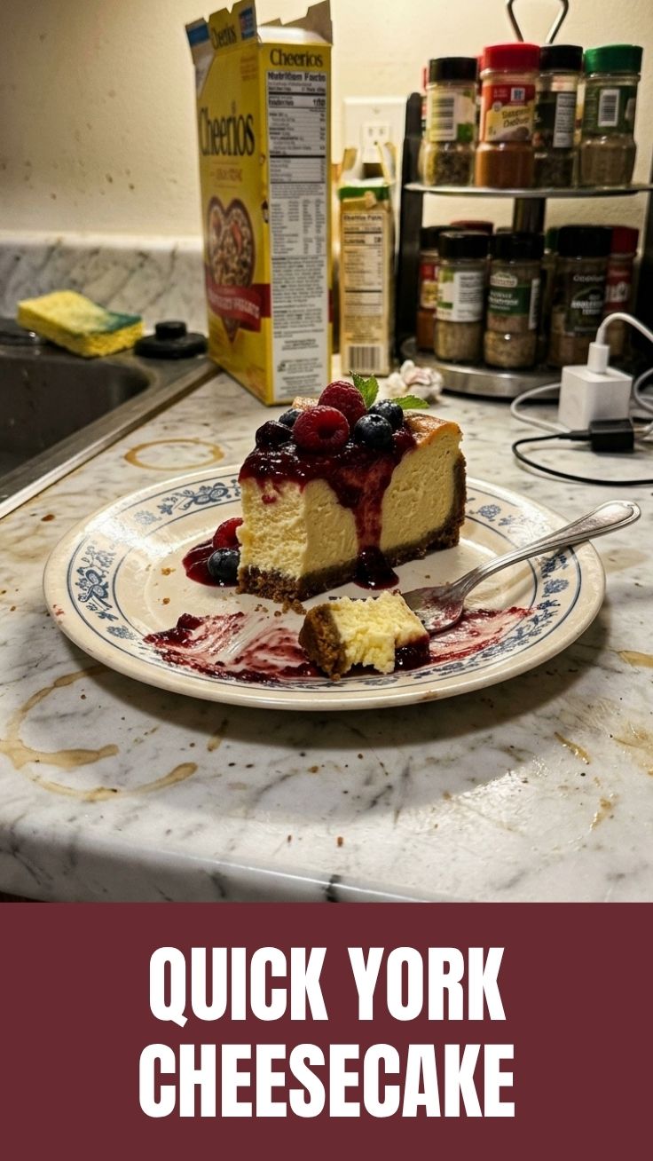 A perfectly baked New York Cheesecake with a smooth, creamy top