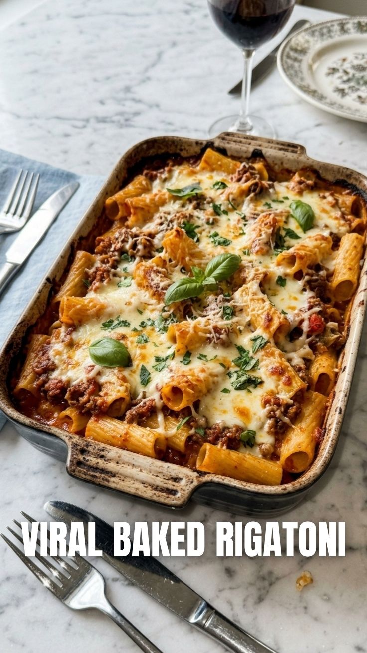 A close-up of a bubbling dish of baked rigatoni with melted cheese and rich tomato sauce.