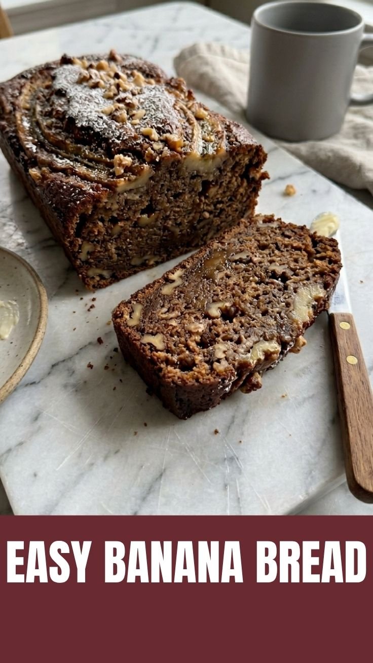 Freshly baked banana bread with golden crust