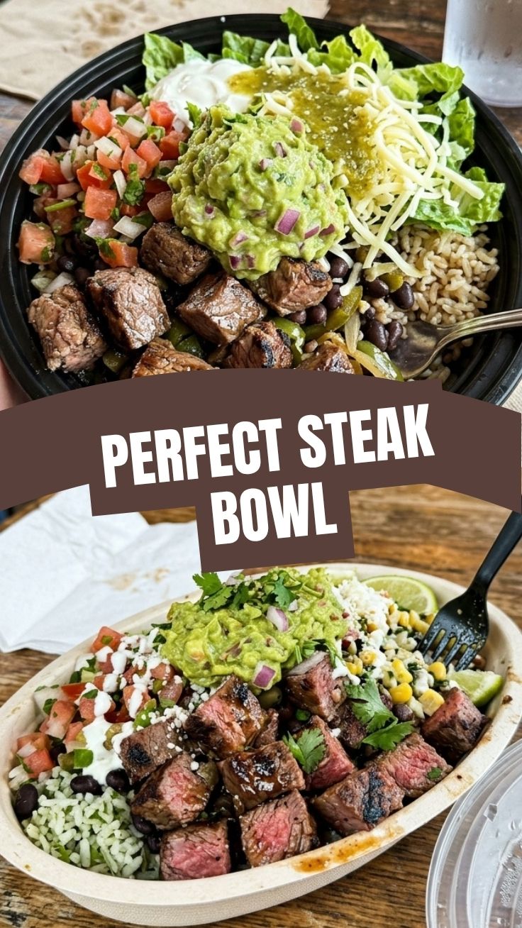 A chipotle-style steak bowl bursting with fresh ingredients.