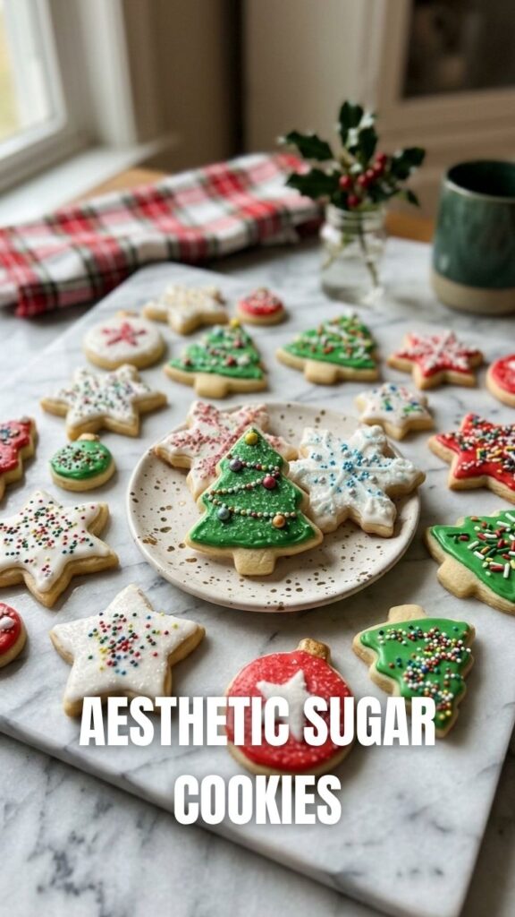 A plate of assorted Christmas sugar cookies with colorful icing designs.