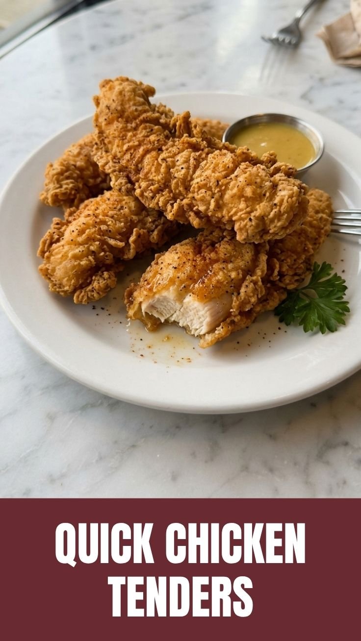 Golden brown crispy chicken tenders on a white plate with dipping sauce