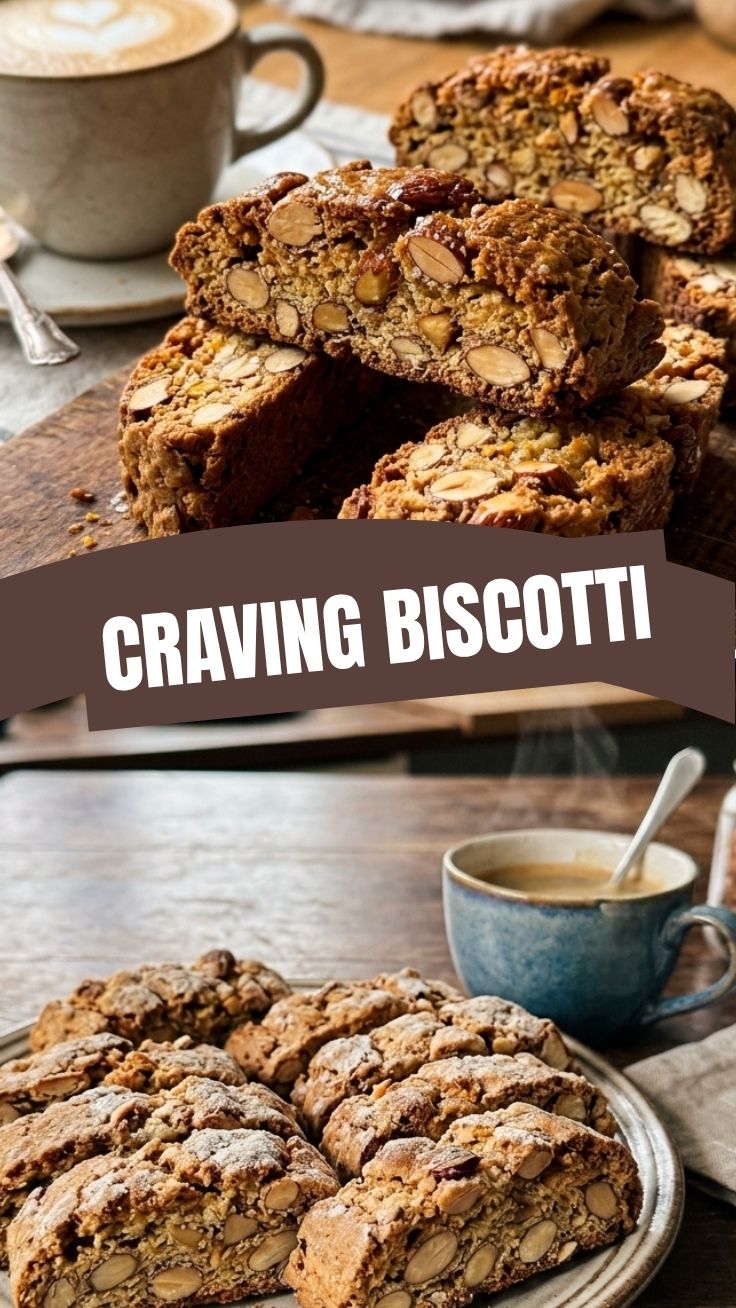 A stack of golden brown biscotti, traditional Italian almond biscuits.