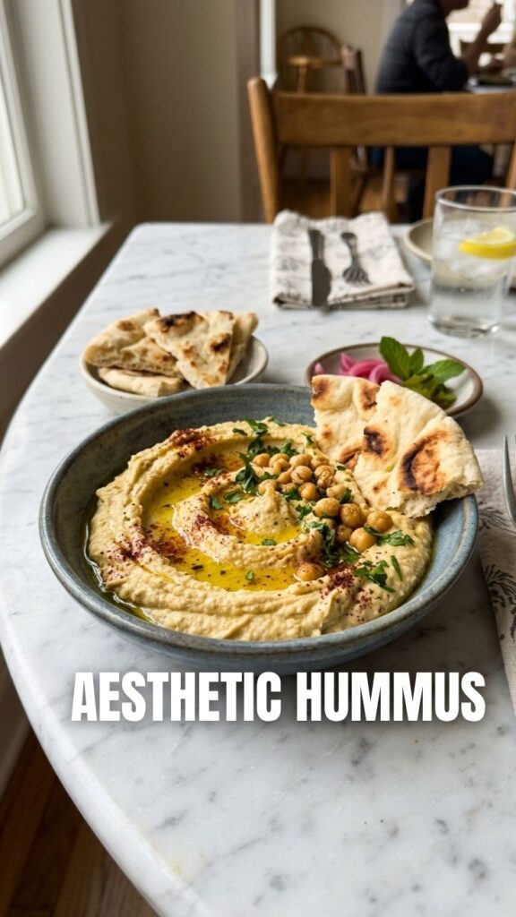 A bowl of smooth, creamy hummus garnished with olive oil and paprika