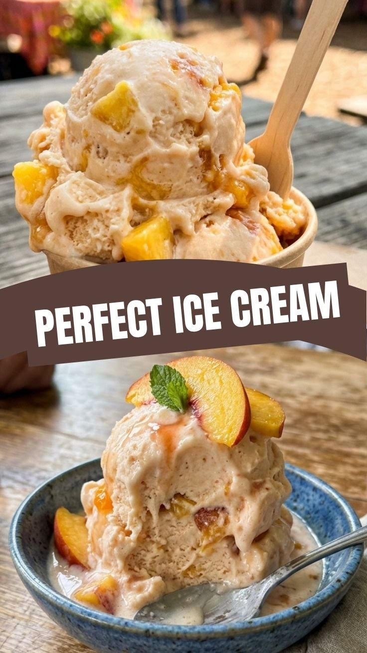 Creamy homemade peach ice cream in a bowl
