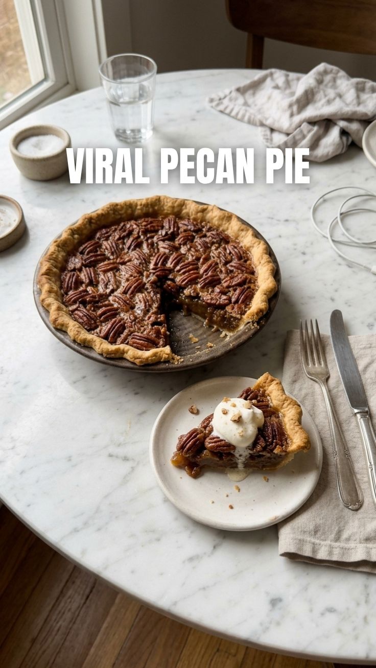 A freshly baked pecan pie with a golden crust and whole pecans.