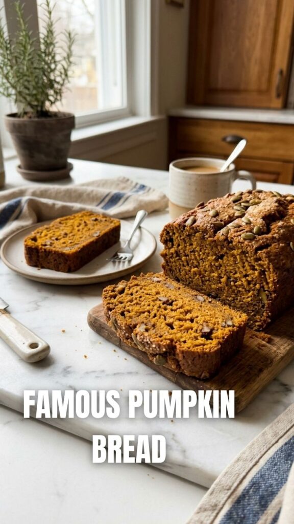 A freshly baked loaf of delicious pumpkin bread, sliced and ready to serve.