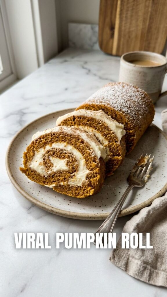 A freshly baked pumpkin roll with cream cheese frosting, sliced and ready to serve.