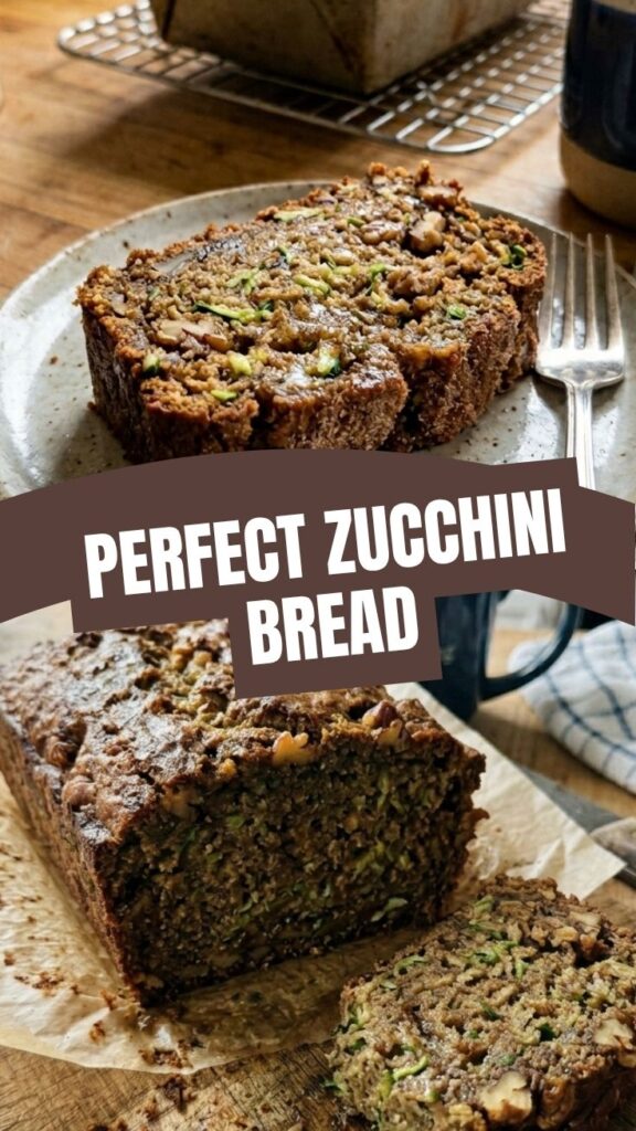 A freshly baked loaf of zucchini bread, rich and golden