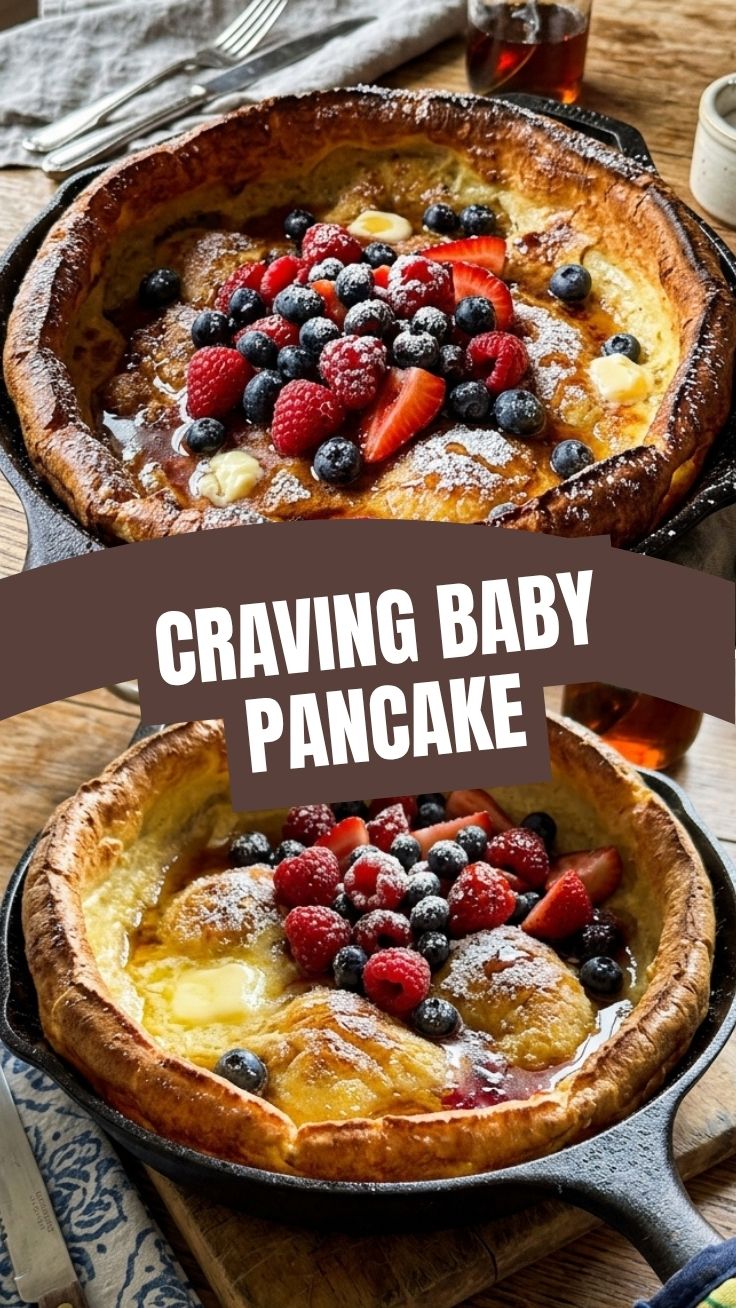 A perfectly baked golden Dutch baby pancake, puffed and impressive.