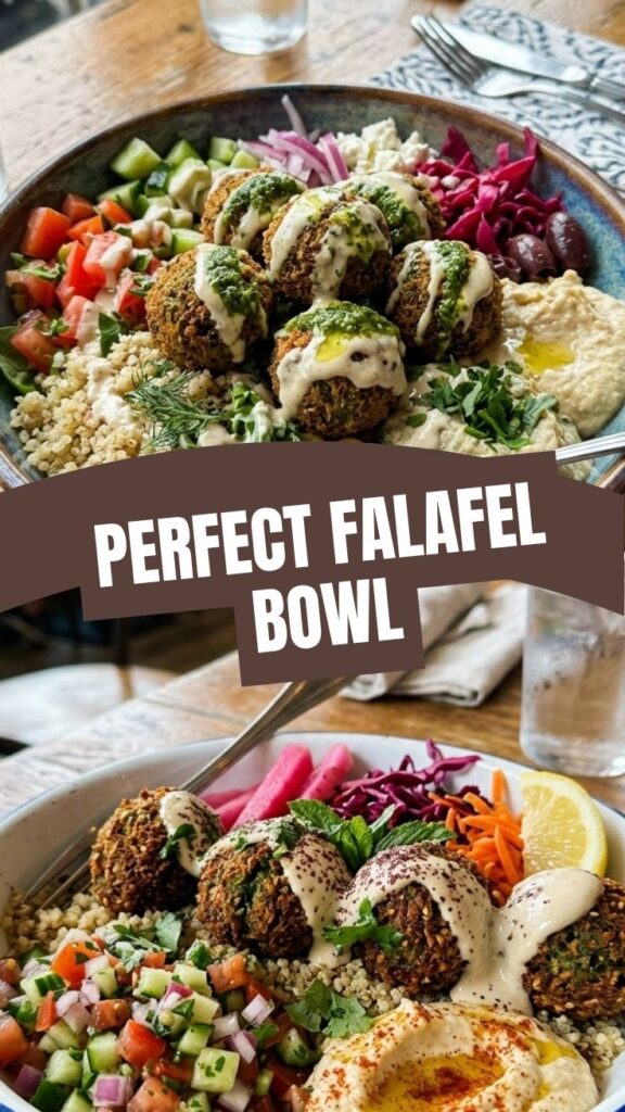 A vibrant falafel bowl with fresh vegetables and hummus