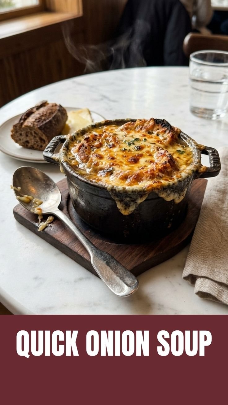 French Onion Soup warm and bubbling in a ceramic bowl