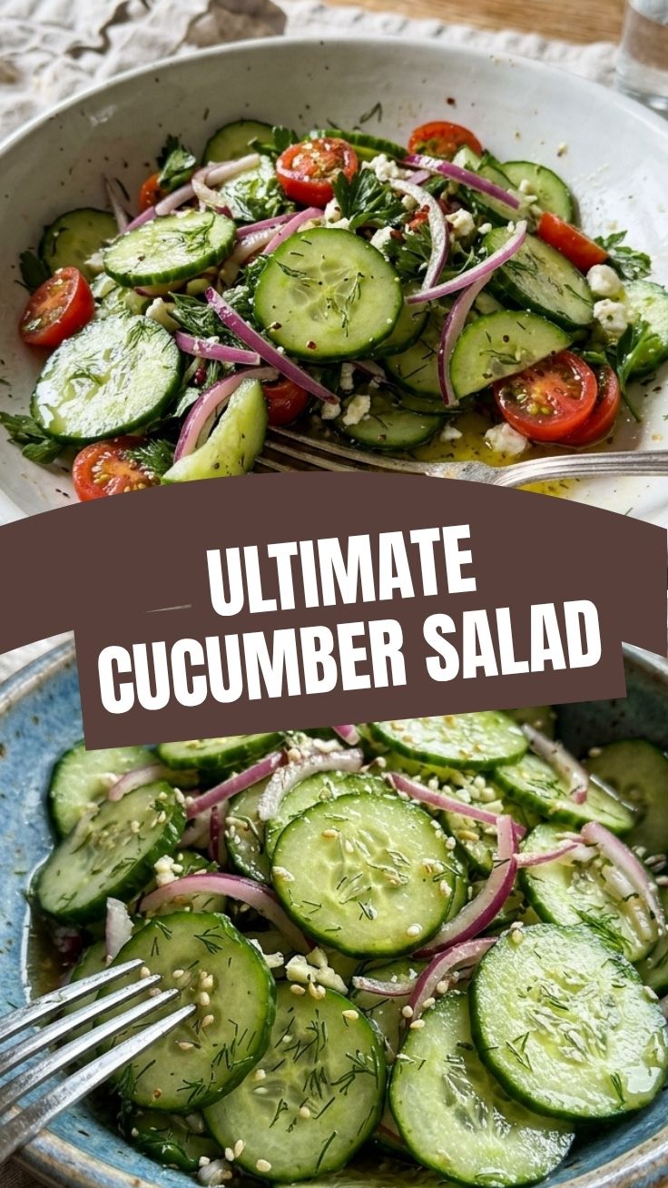A vibrant bowl of fresh cucumber salad with dill and onions.