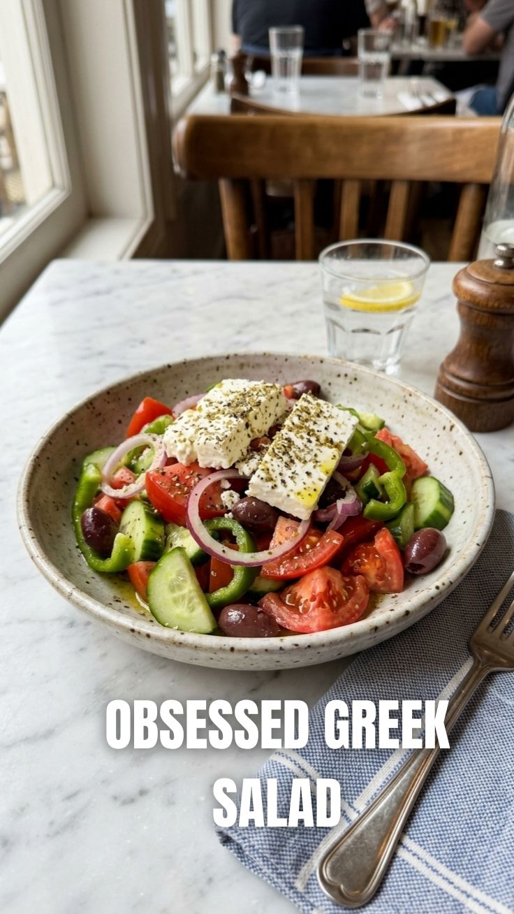 A healthy and fresh Greek salad with feta cheese and olives