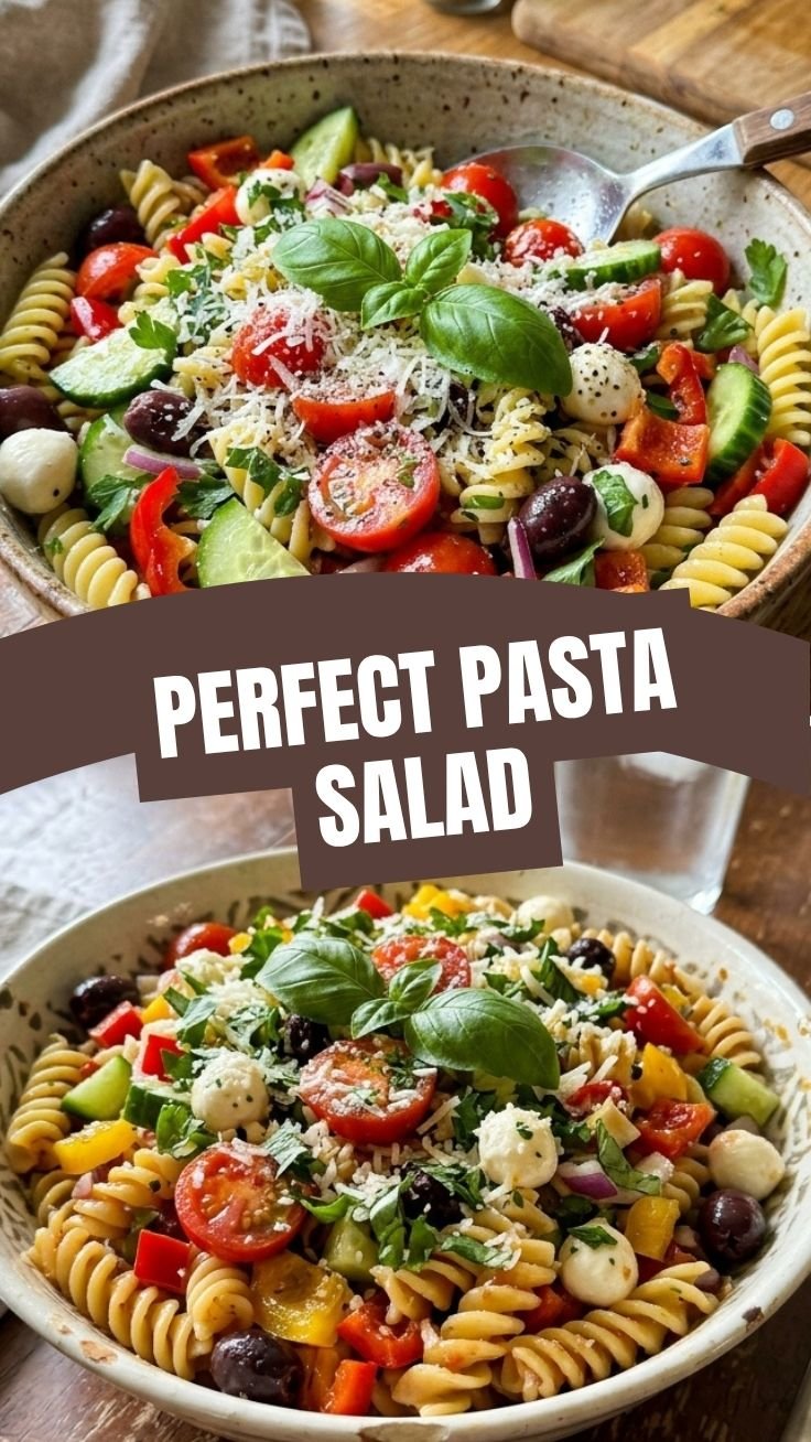 A vibrant bowl of fresh Summer pasta salad with tomatoes and basil