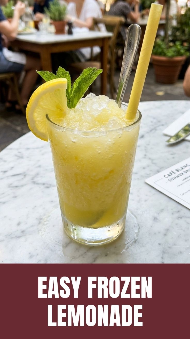 A tall glass of frosty frozen lemonade with a lemon slice garnish