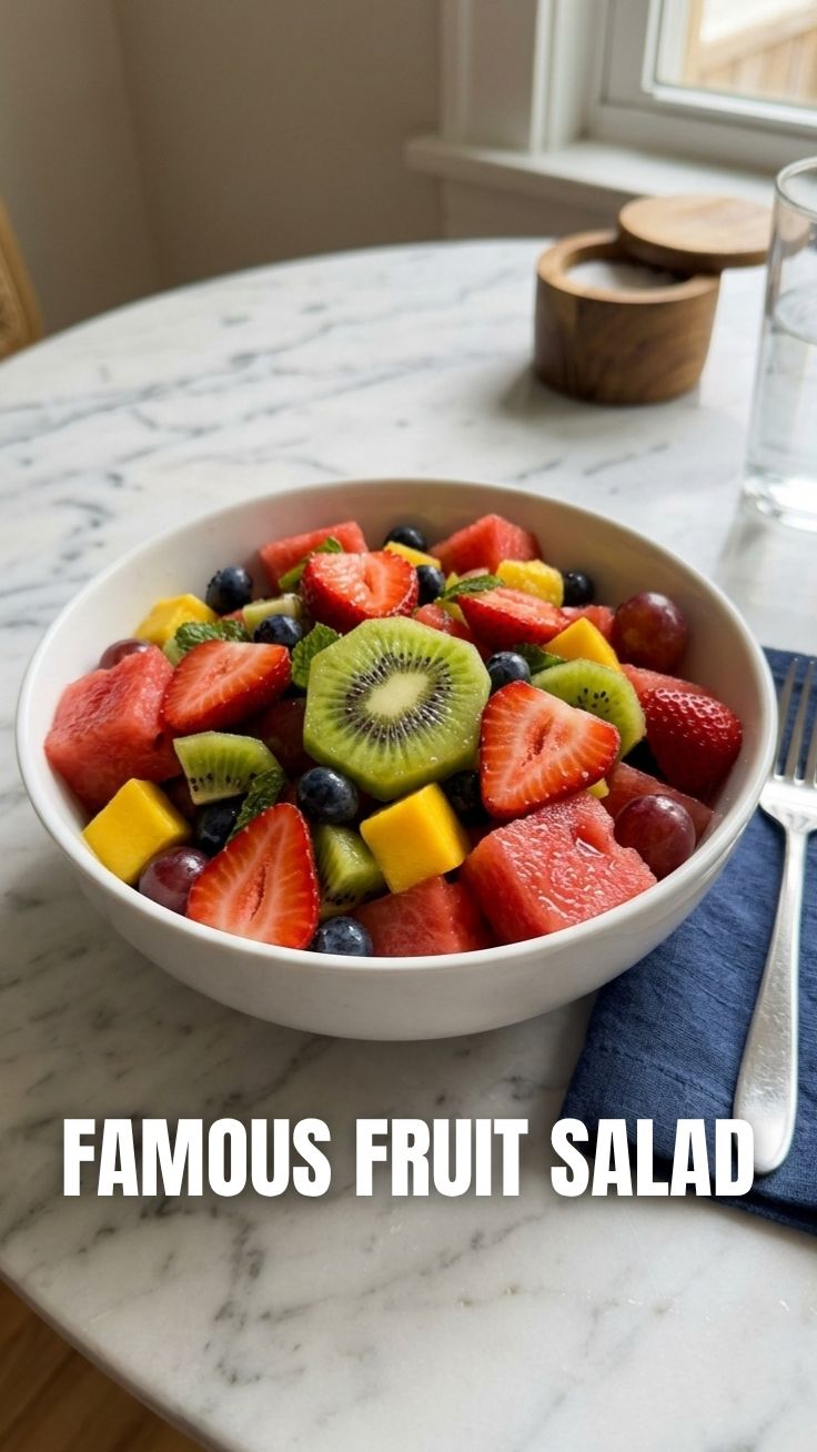 A colorful fruit salad arranged beautifully in a bowl