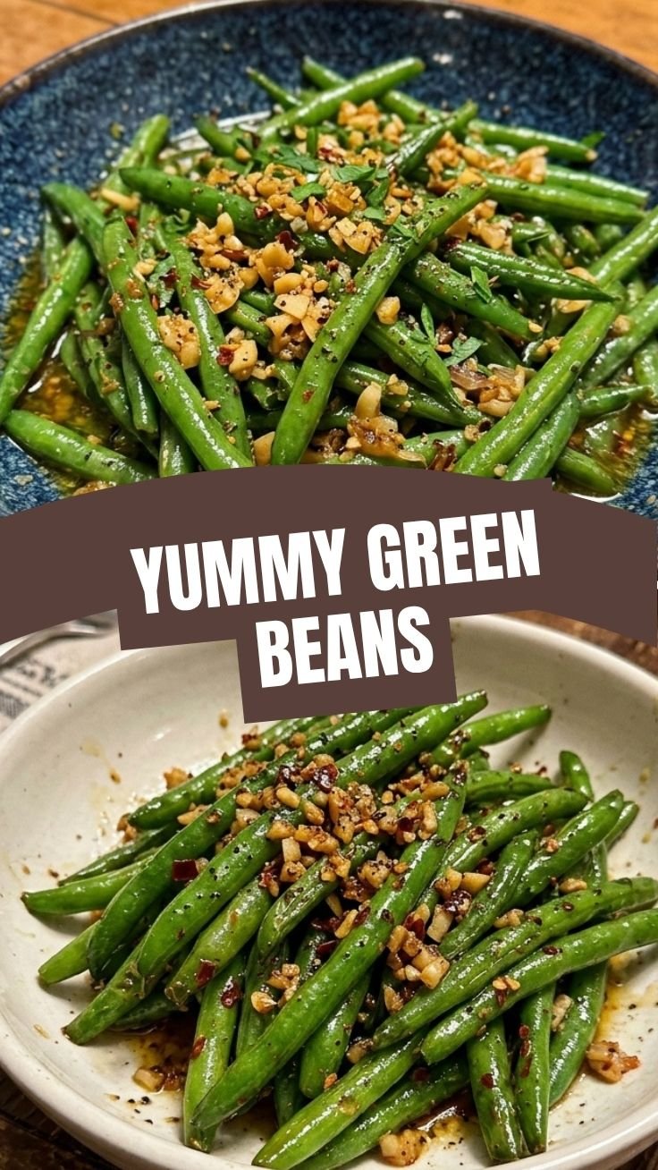 Sautéed garlic green beans with garlic cloves and butter in a skillet