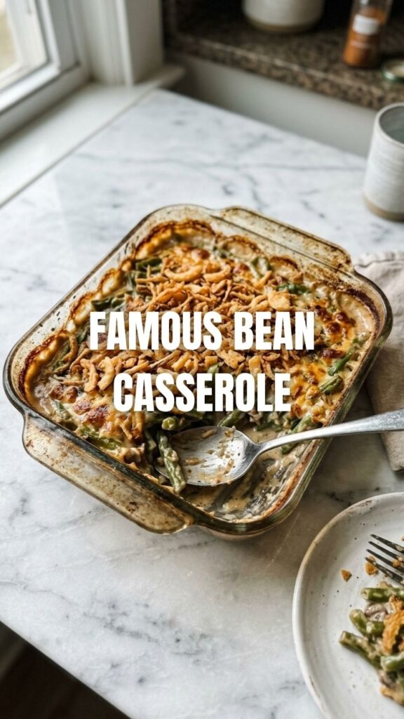 A steaming green bean casserole in a white baking dish, topped with crispy fried onions.