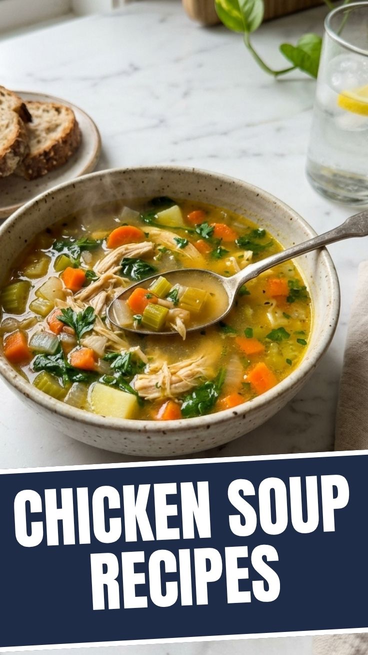 A bowl of healthy chicken soup with vegetables and herbs