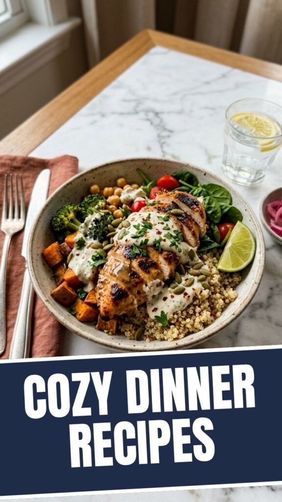A steaming bowl of healthy cozy dinner, likely a soup or stew, on a rustic table.