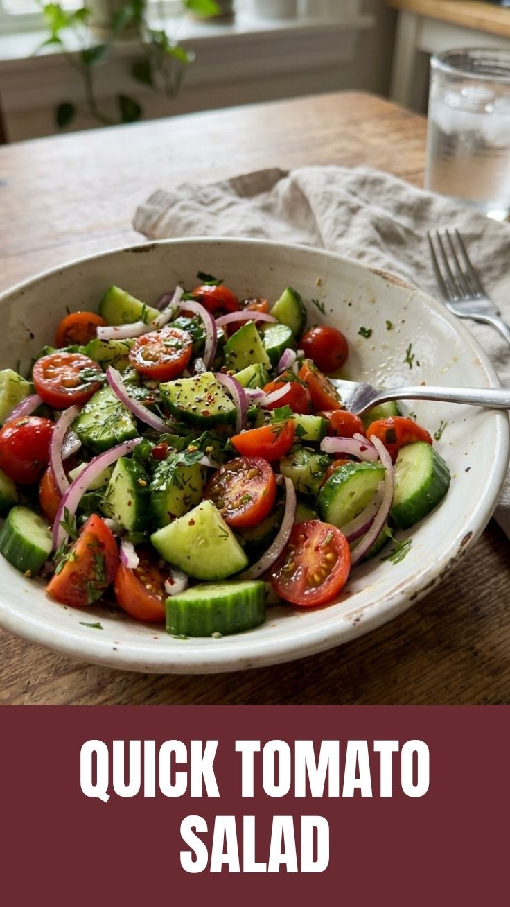 A fresh healthy cucumber tomato salad served in a white bowl with herbs.