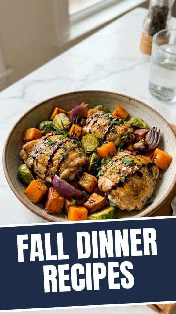 A collection of healthy fall dinner recipes beautifully plated for a family meal.