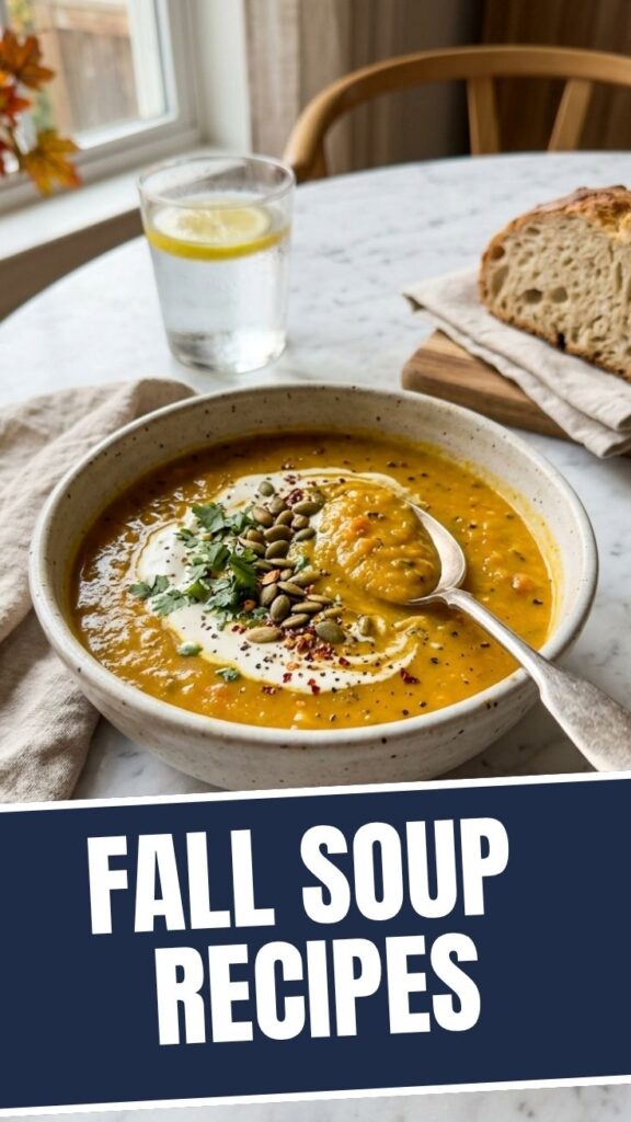 A steaming bowl of healthy fall soup filled with autumn vegetables.