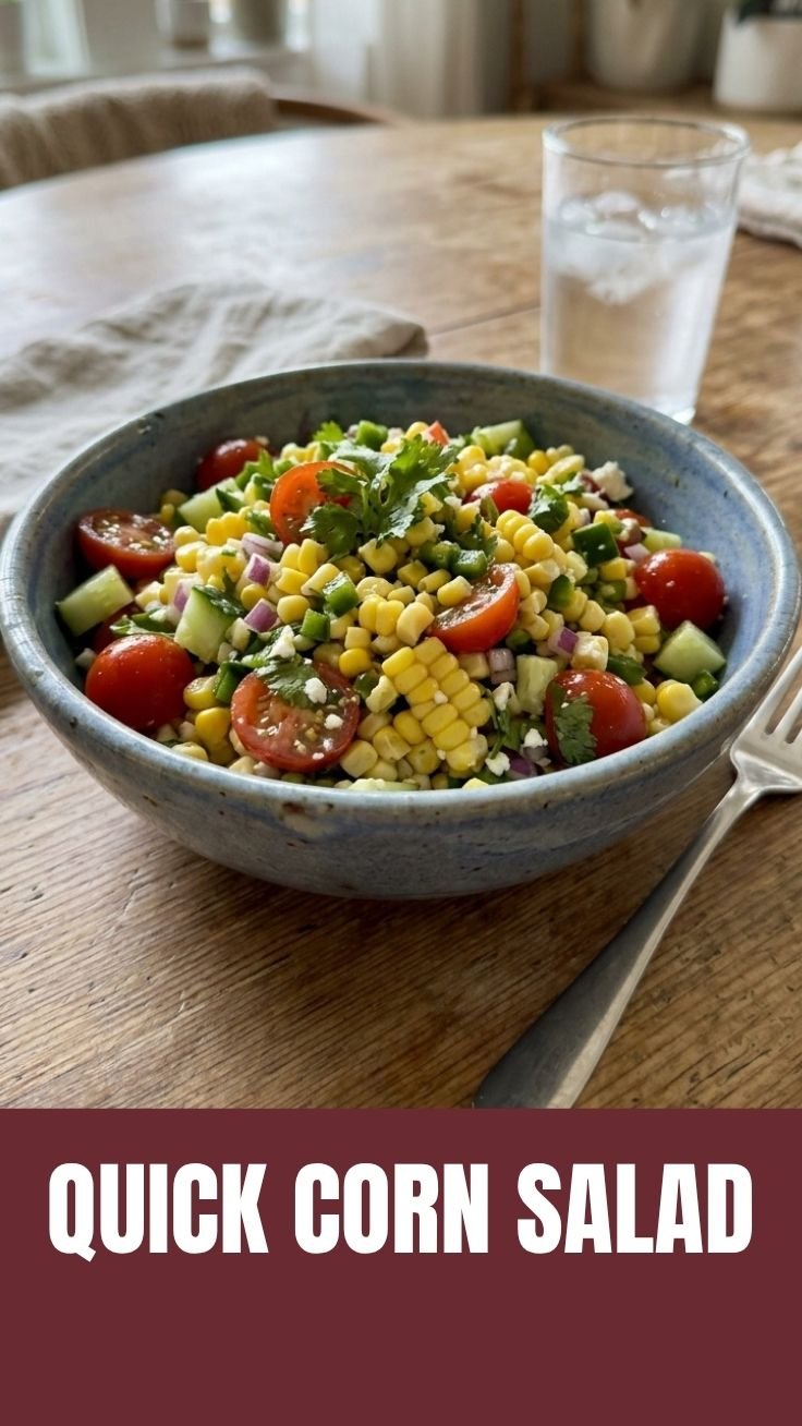 Healthy fresh corn salad in a rustic bowl with herbs and cherry tomatoes
