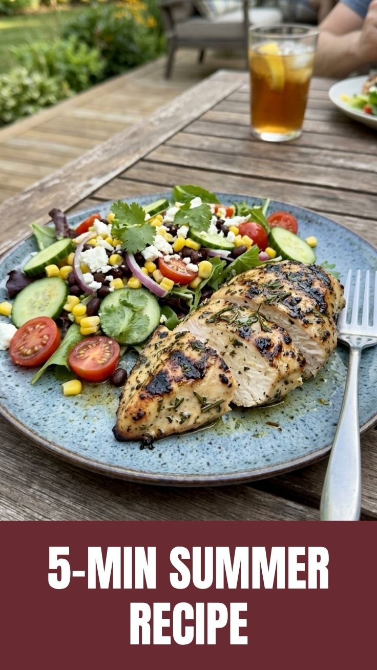 Healthy grilled chicken summer recipe on a wooden platter with lime wedges and fresh herbs