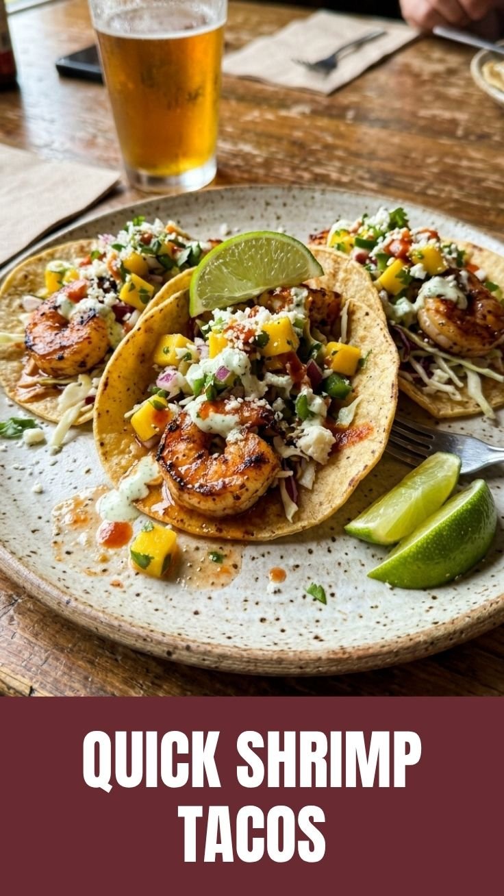 Fresh grilled shrimp tacos with avocado and cabbage on a wooden board