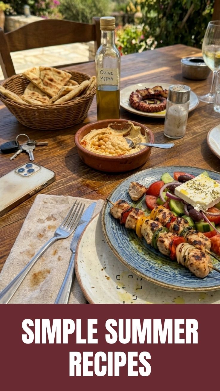 An array of healthy Mediterranean summer recipes featuring fresh vegetables and lean protein.