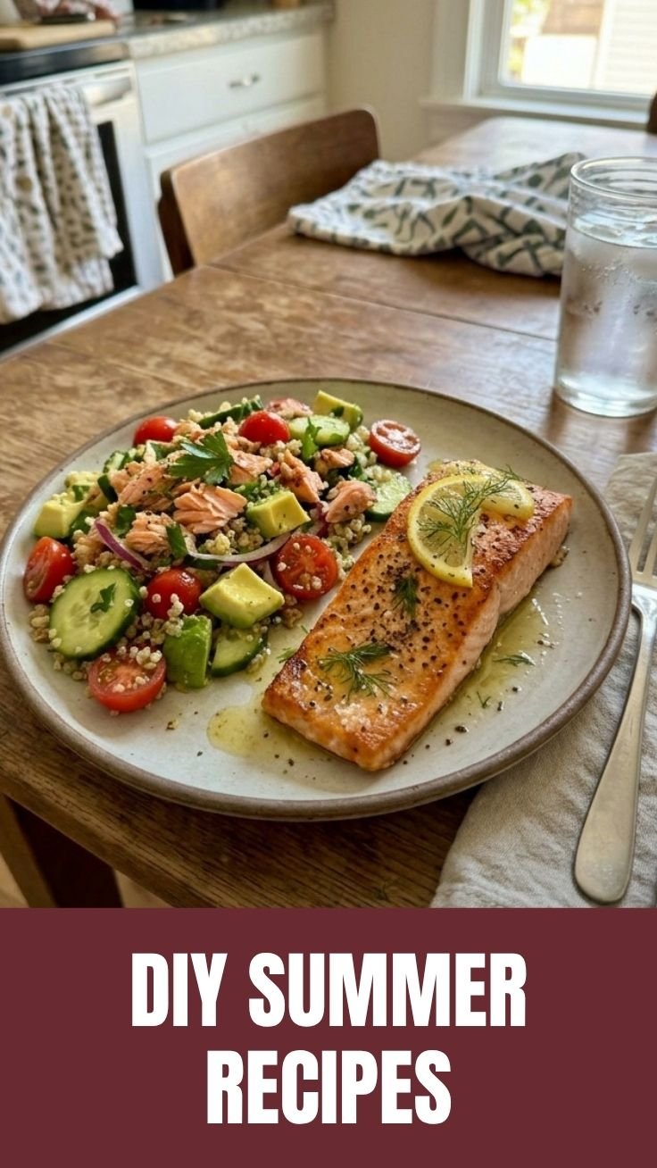 Fresh summer salmon orzo salad in a white bowl