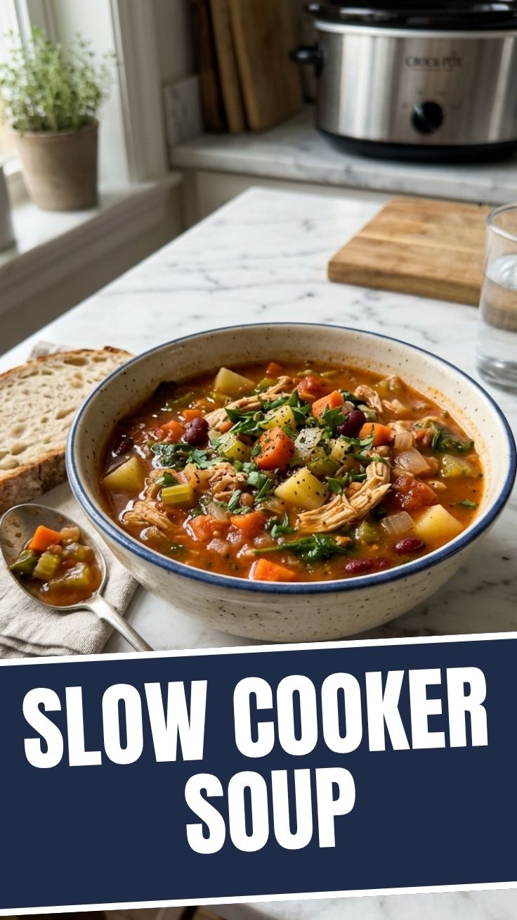 A steaming bowl of healthy slow cooker soup garnished with fresh herbs