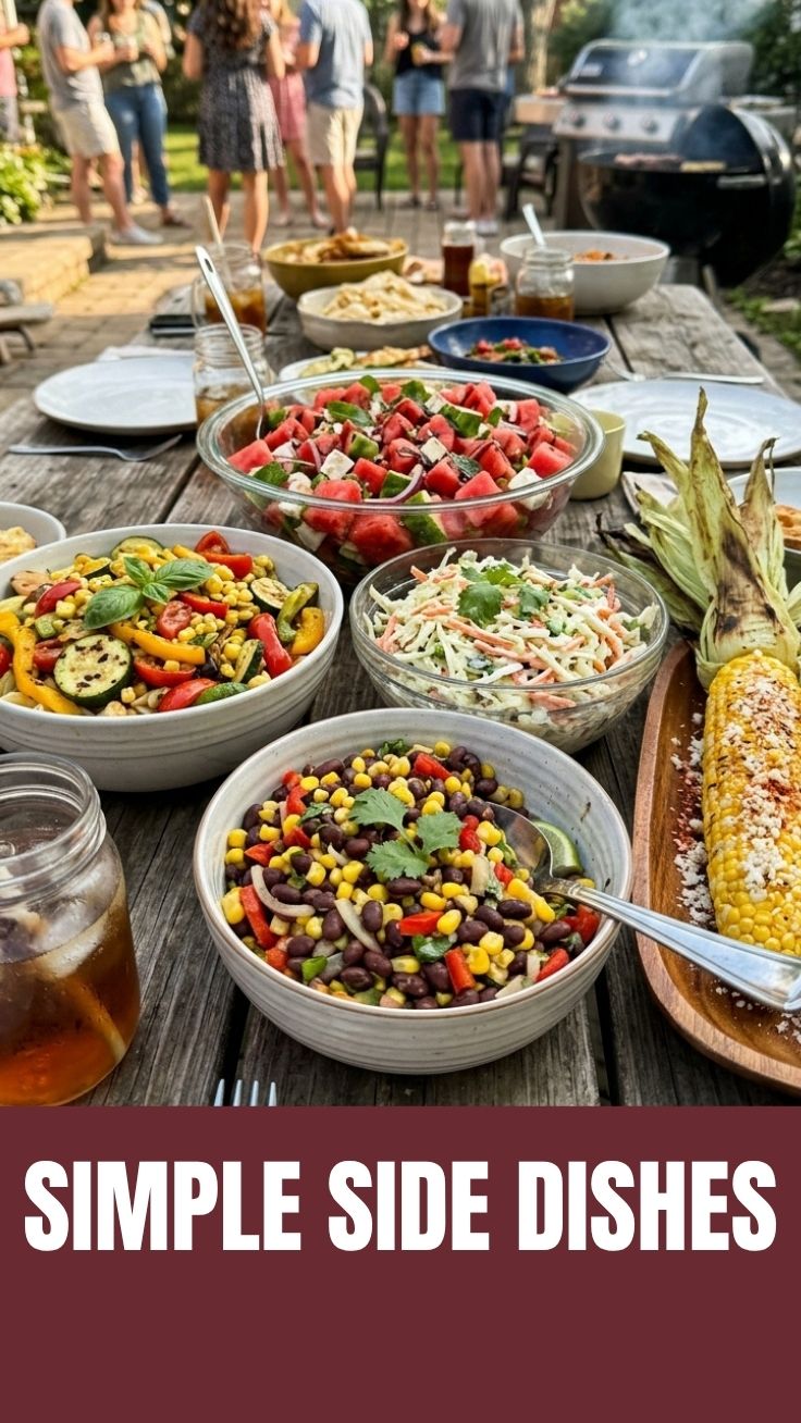 A colorful array of healthy summer BBQ side dishes on a picnic table