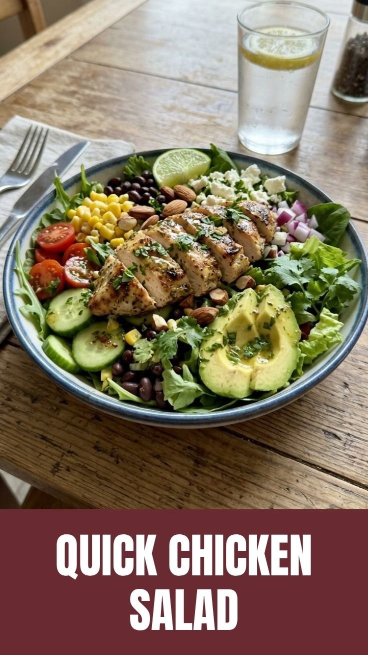 A bowl of healthy summer chicken salad with fresh vegetables and creamy dressing