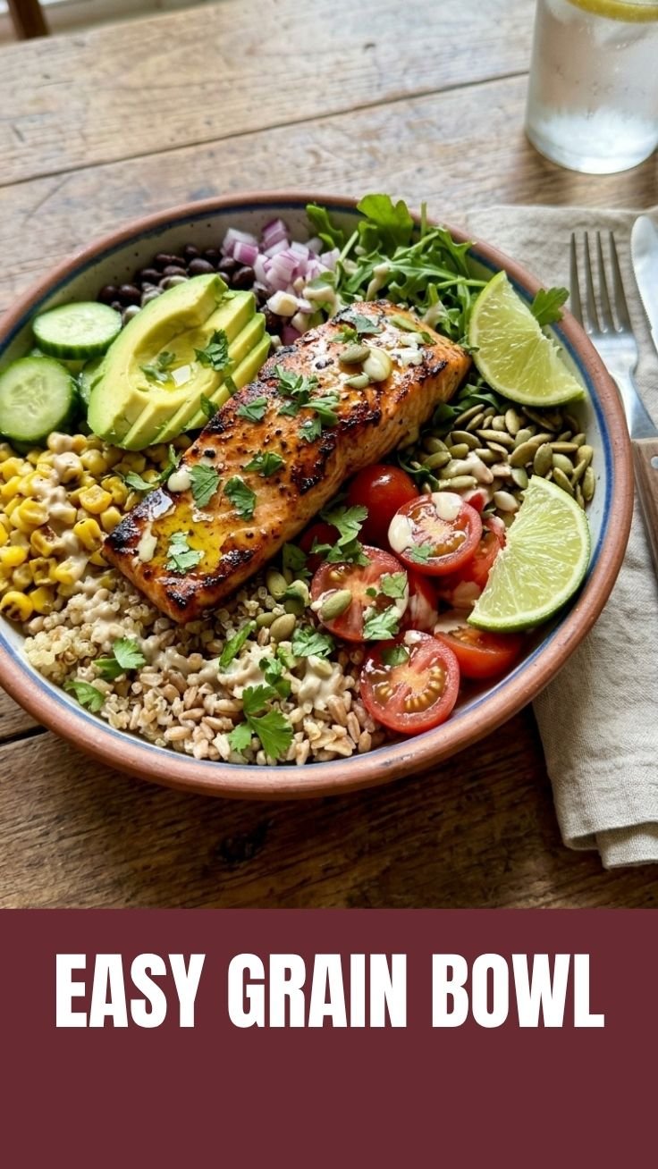 Healthy summer grain bowl with colorful vegetables and fresh herbs