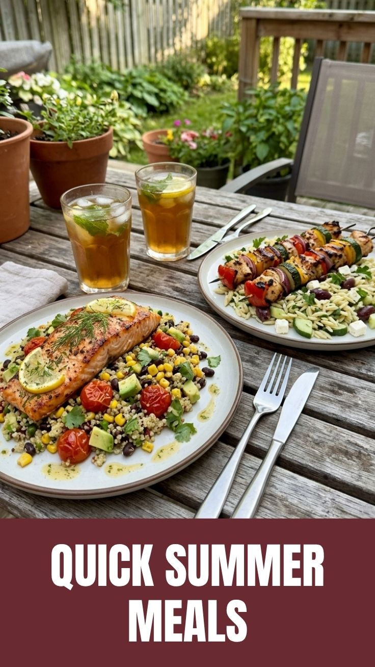 A colorful spread of healthy summer meals for two, neatly arranged.