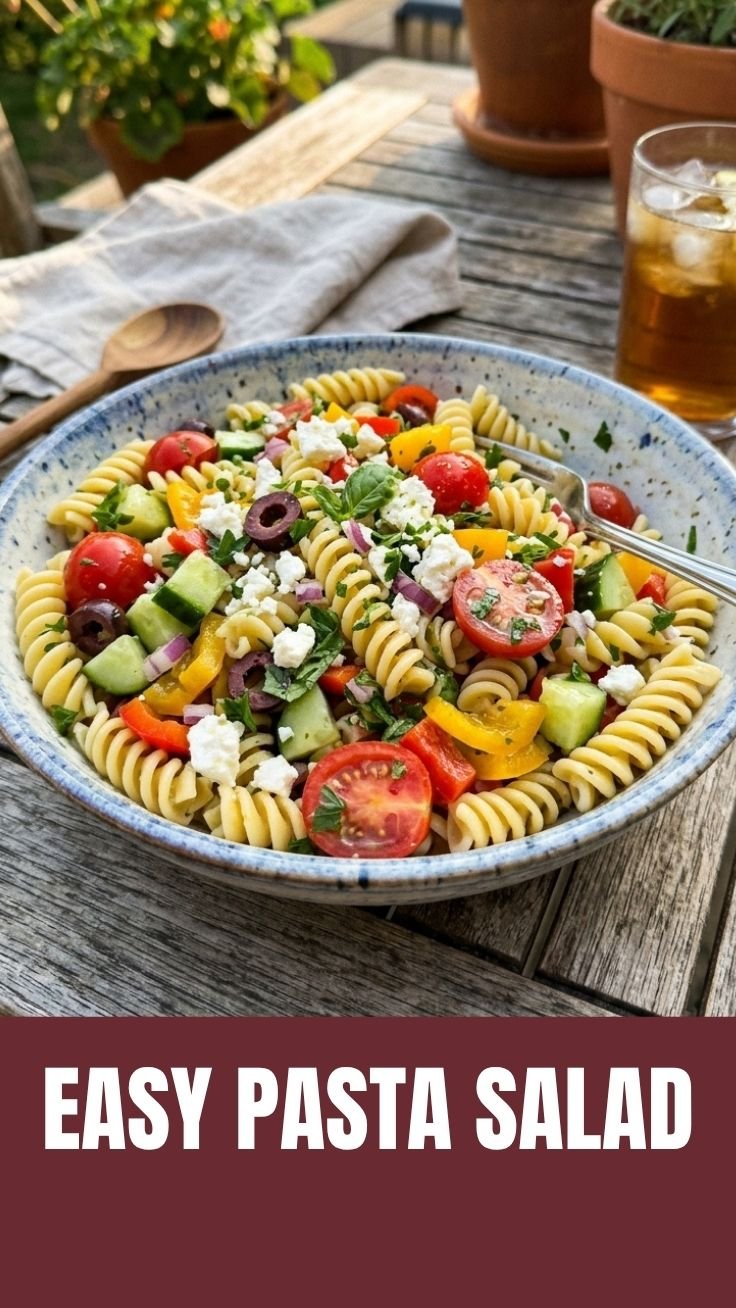 Healthy summer pasta salad in a white bowl with tomatoes, cucumbers, and olives