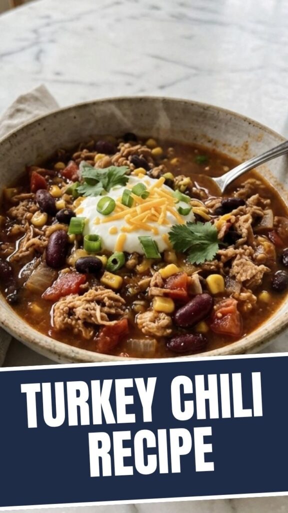 A bowl of healthy turkey chili garnished with fresh herbs and cheese